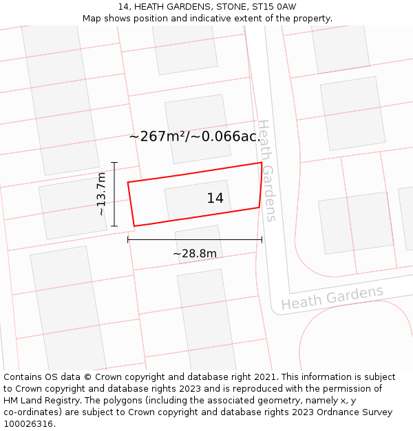 14, HEATH GARDENS, STONE, ST15 0AW: Plot and title map