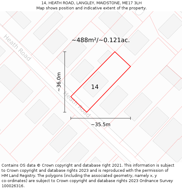 14, HEATH ROAD, LANGLEY, MAIDSTONE, ME17 3LH: Plot and title map