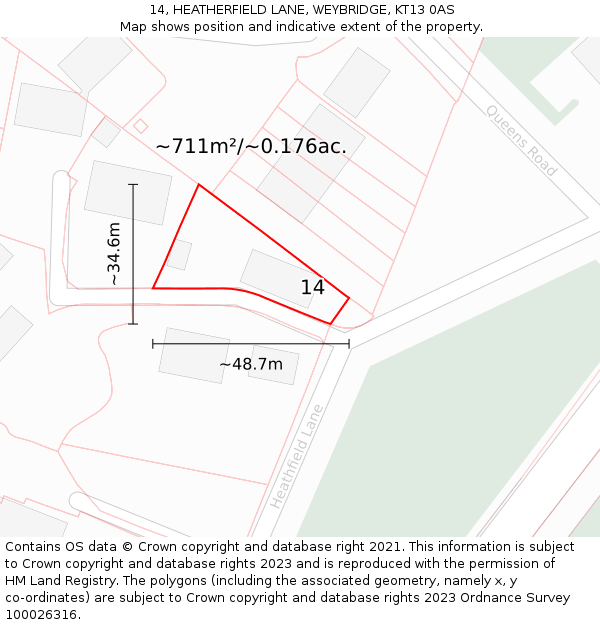 14, HEATHERFIELD LANE, WEYBRIDGE, KT13 0AS: Plot and title map