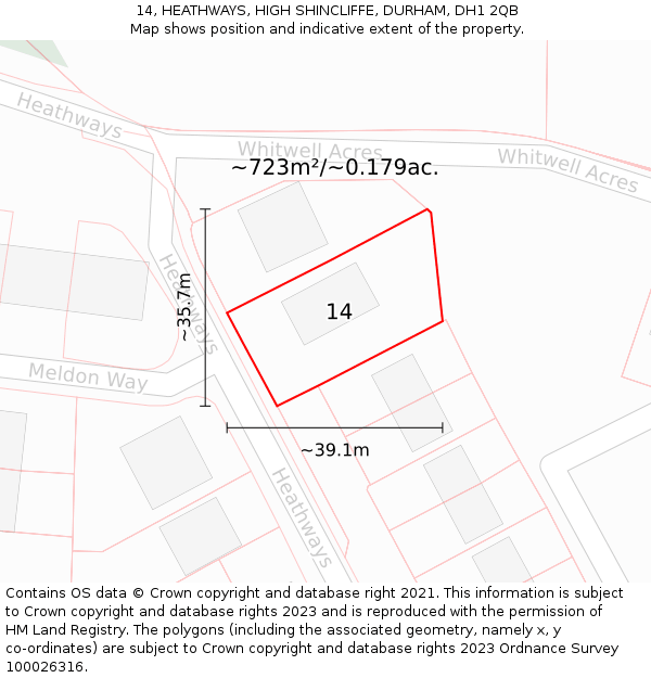 14, HEATHWAYS, HIGH SHINCLIFFE, DURHAM, DH1 2QB: Plot and title map