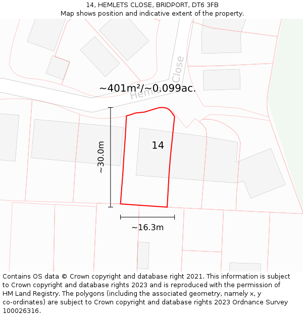 14, HEMLETS CLOSE, BRIDPORT, DT6 3FB: Plot and title map