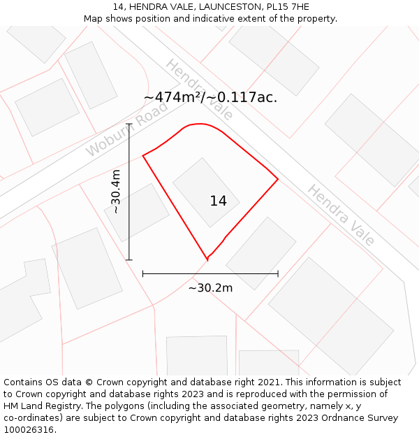 14, HENDRA VALE, LAUNCESTON, PL15 7HE: Plot and title map