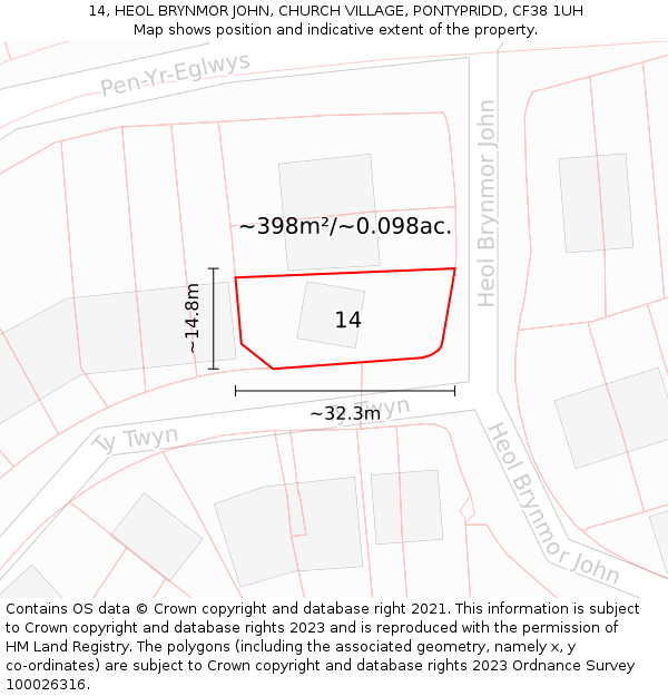 14, HEOL BRYNMOR JOHN, CHURCH VILLAGE, PONTYPRIDD, CF38 1UH: Plot and title map