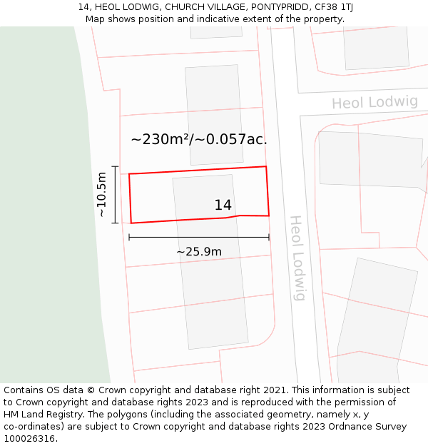 14, HEOL LODWIG, CHURCH VILLAGE, PONTYPRIDD, CF38 1TJ: Plot and title map