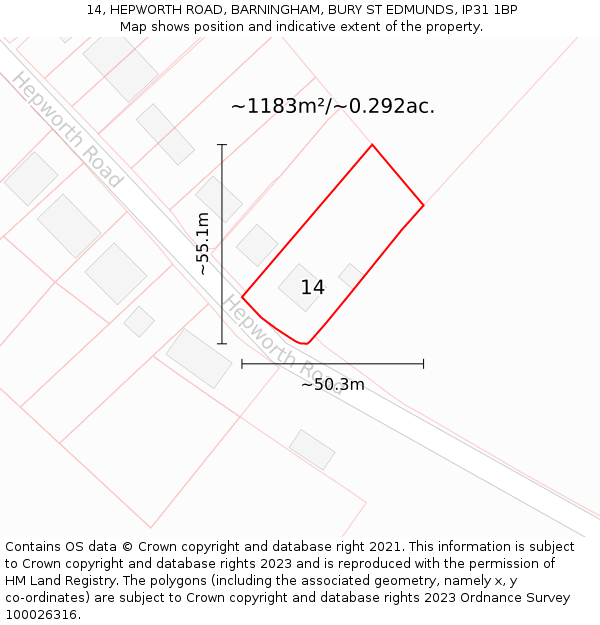 14, HEPWORTH ROAD, BARNINGHAM, BURY ST EDMUNDS, IP31 1BP: Plot and title map