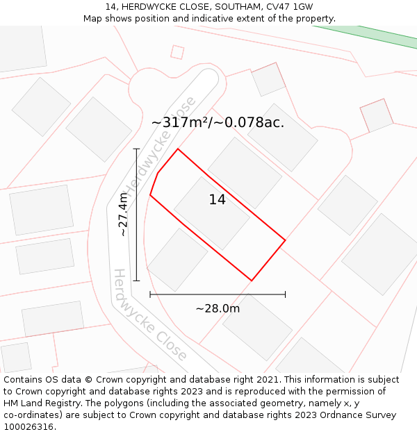 14, HERDWYCKE CLOSE, SOUTHAM, CV47 1GW: Plot and title map
