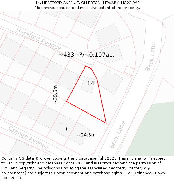 14, HEREFORD AVENUE, OLLERTON, NEWARK, NG22 9AE: Plot and title map