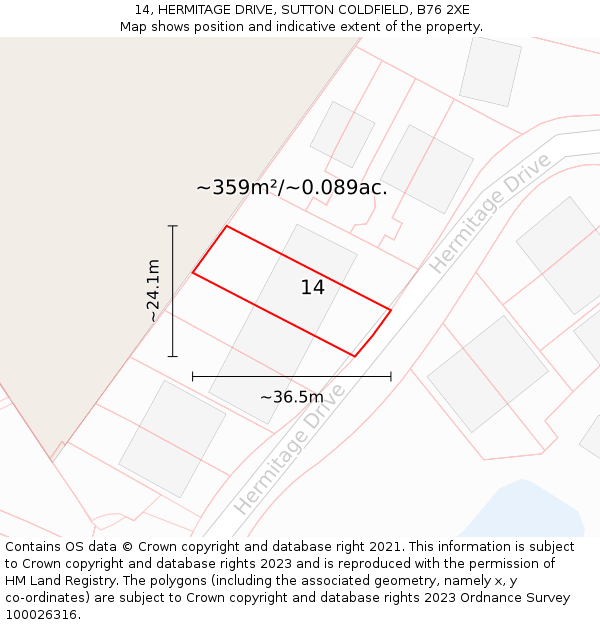 14, HERMITAGE DRIVE, SUTTON COLDFIELD, B76 2XE: Plot and title map