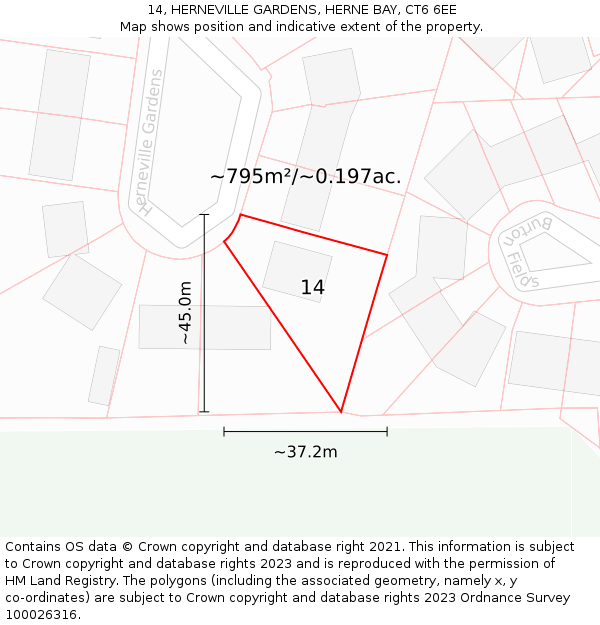 14, HERNEVILLE GARDENS, HERNE BAY, CT6 6EE: Plot and title map