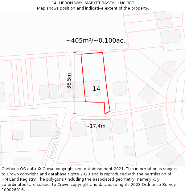 14, HERON WAY, MARKET RASEN, LN8 3RB: Plot and title map