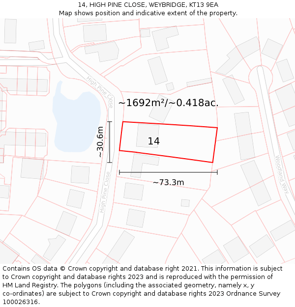 14, HIGH PINE CLOSE, WEYBRIDGE, KT13 9EA: Plot and title map