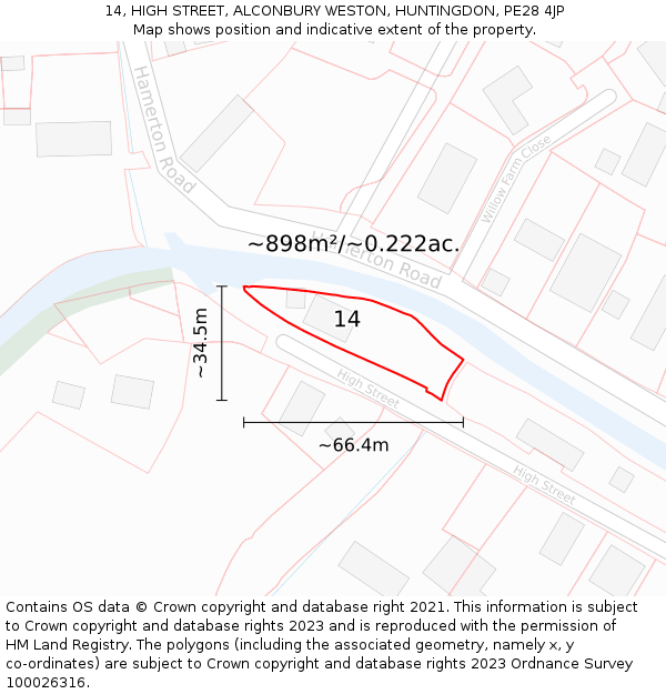 14, HIGH STREET, ALCONBURY WESTON, HUNTINGDON, PE28 4JP: Plot and title map