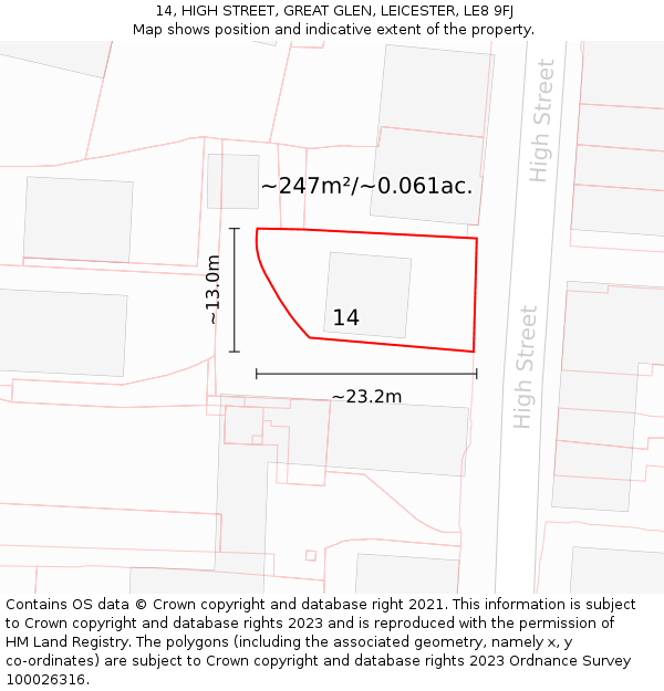 14, HIGH STREET, GREAT GLEN, LEICESTER, LE8 9FJ: Plot and title map