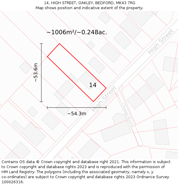 14, HIGH STREET, OAKLEY, BEDFORD, MK43 7RG: Plot and title map