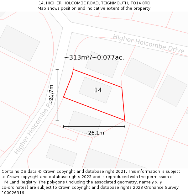 14, HIGHER HOLCOMBE ROAD, TEIGNMOUTH, TQ14 8RD: Plot and title map
