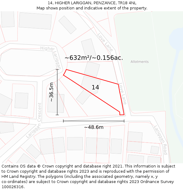 14, HIGHER LARIGGAN, PENZANCE, TR18 4NL: Plot and title map