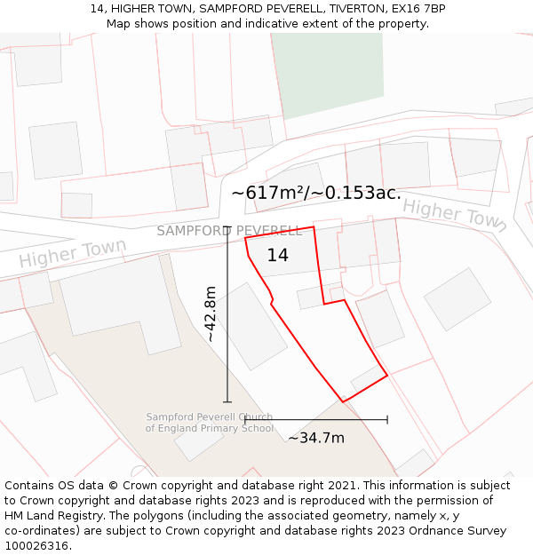 14, HIGHER TOWN, SAMPFORD PEVERELL, TIVERTON, EX16 7BP: Plot and title map