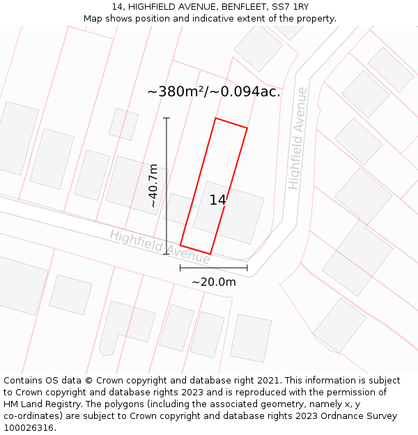 14, HIGHFIELD AVENUE, BENFLEET, SS7 1RY: Plot and title map