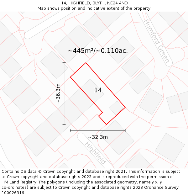 14, HIGHFIELD, BLYTH, NE24 4ND: Plot and title map