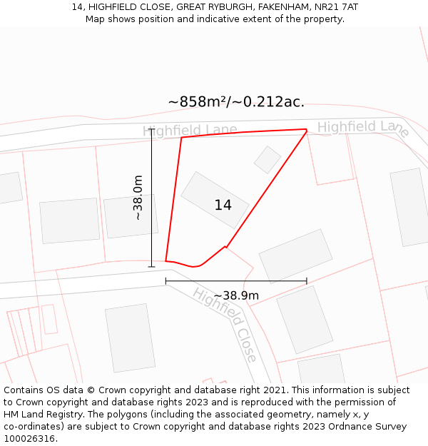 14, HIGHFIELD CLOSE, GREAT RYBURGH, FAKENHAM, NR21 7AT: Plot and title map