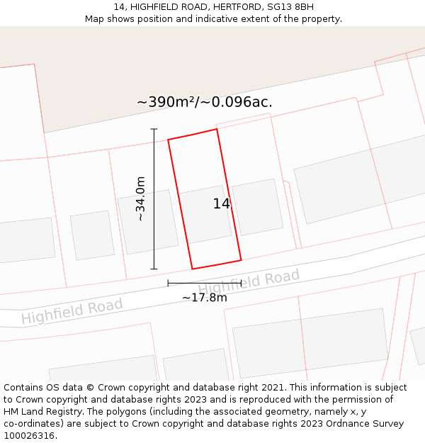 14, HIGHFIELD ROAD, HERTFORD, SG13 8BH: Plot and title map