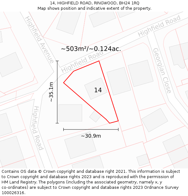 14, HIGHFIELD ROAD, RINGWOOD, BH24 1RQ: Plot and title map