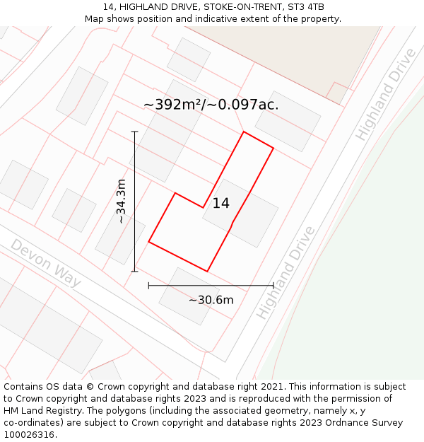 14, HIGHLAND DRIVE, STOKE-ON-TRENT, ST3 4TB: Plot and title map