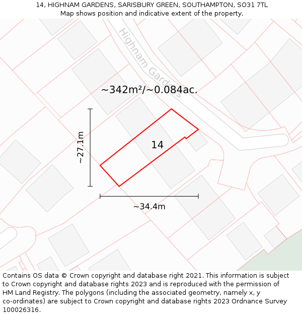 14, HIGHNAM GARDENS, SARISBURY GREEN, SOUTHAMPTON, SO31 7TL: Plot and title map