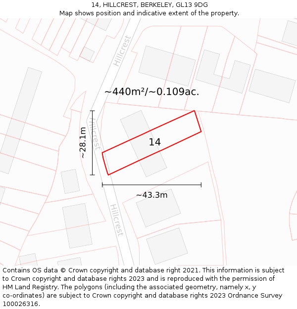 14, HILLCREST, BERKELEY, GL13 9DG: Plot and title map