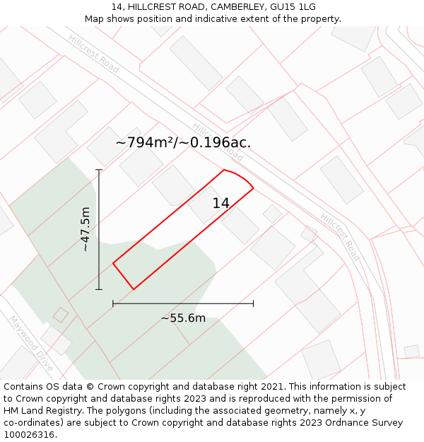 14, HILLCREST ROAD, CAMBERLEY, GU15 1LG: Plot and title map