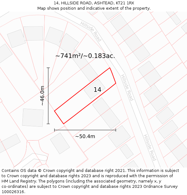 14, HILLSIDE ROAD, ASHTEAD, KT21 1RX: Plot and title map