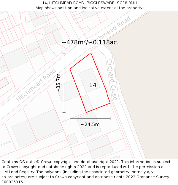 14, HITCHMEAD ROAD, BIGGLESWADE, SG18 0NH: Plot and title map