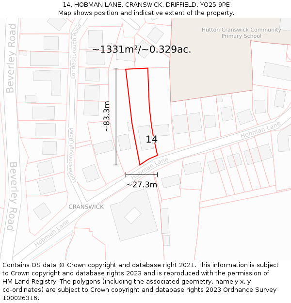 14, HOBMAN LANE, CRANSWICK, DRIFFIELD, YO25 9PE: Plot and title map