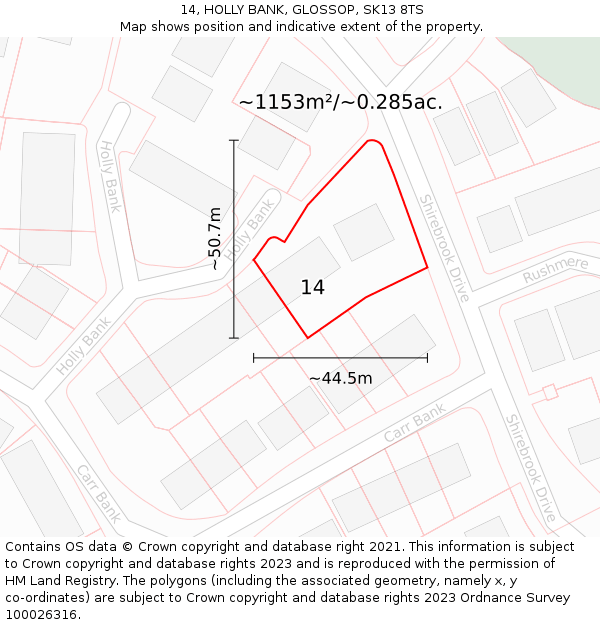 14, HOLLY BANK, GLOSSOP, SK13 8TS: Plot and title map