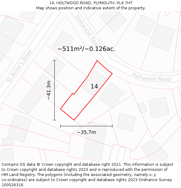 14, HOLTWOOD ROAD, PLYMOUTH, PL6 7HT: Plot and title map