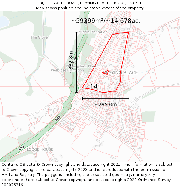 14, HOLYWELL ROAD, PLAYING PLACE, TRURO, TR3 6EP: Plot and title map
