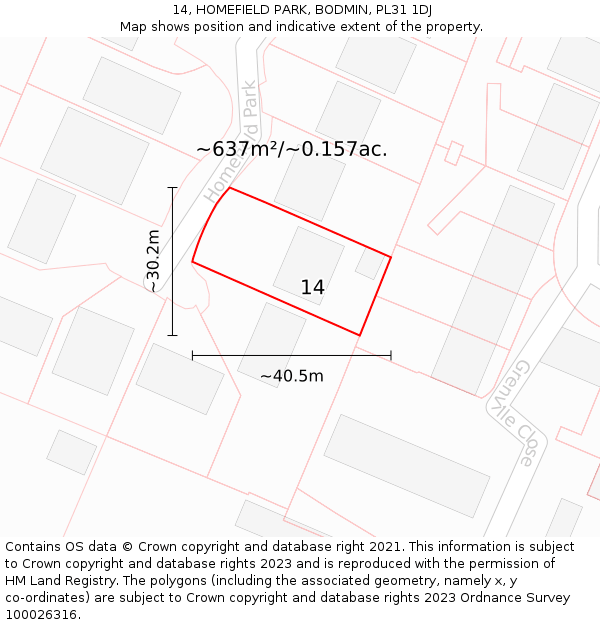 14, HOMEFIELD PARK, BODMIN, PL31 1DJ: Plot and title map