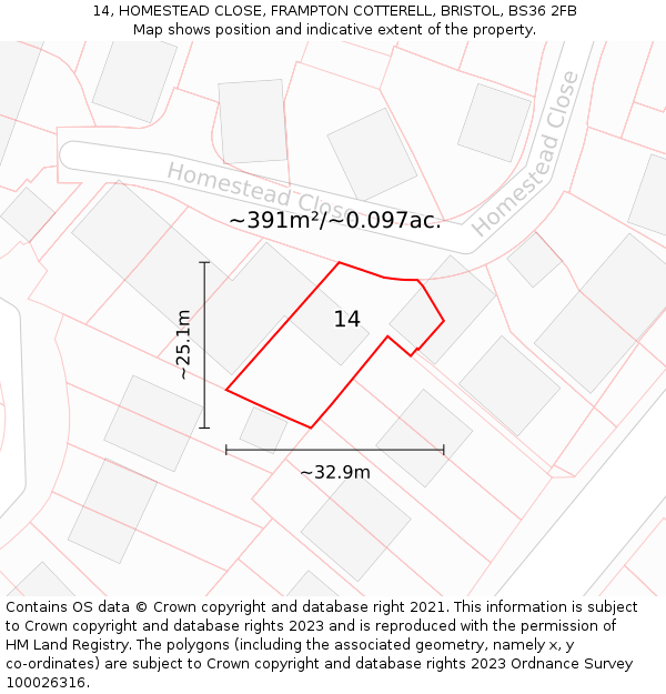 14, HOMESTEAD CLOSE, FRAMPTON COTTERELL, BRISTOL, BS36 2FB: Plot and title map