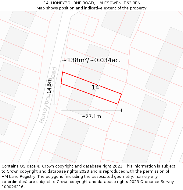 14, HONEYBOURNE ROAD, HALESOWEN, B63 3EN: Plot and title map