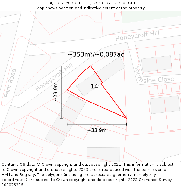 14, HONEYCROFT HILL, UXBRIDGE, UB10 9NH: Plot and title map