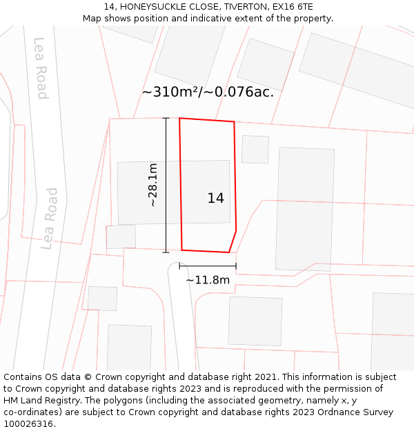 14, HONEYSUCKLE CLOSE, TIVERTON, EX16 6TE: Plot and title map