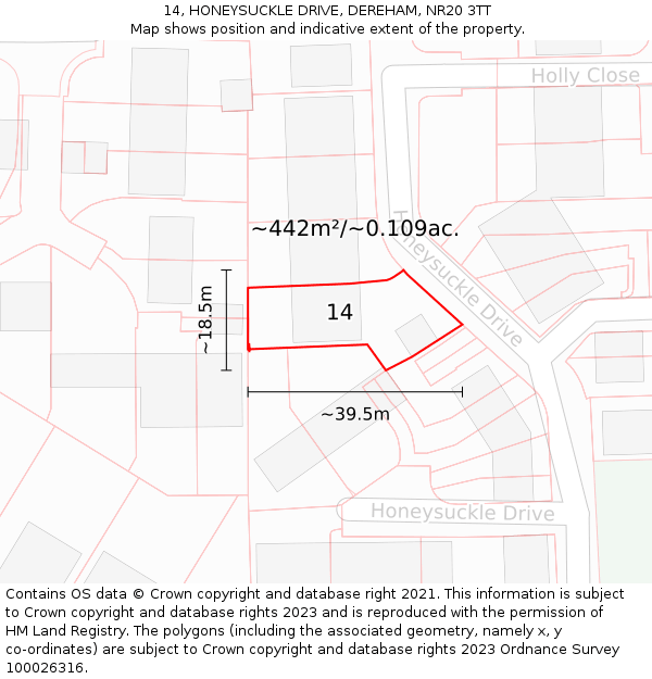 14, HONEYSUCKLE DRIVE, DEREHAM, NR20 3TT: Plot and title map