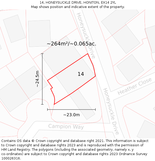 14, HONEYSUCKLE DRIVE, HONITON, EX14 2YL: Plot and title map