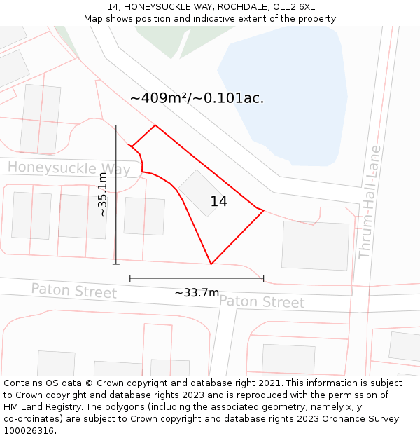 14, HONEYSUCKLE WAY, ROCHDALE, OL12 6XL: Plot and title map