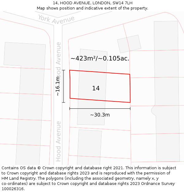14, HOOD AVENUE, LONDON, SW14 7LH: Plot and title map