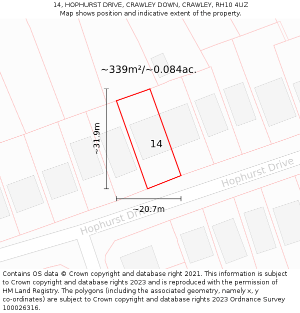 14, HOPHURST DRIVE, CRAWLEY DOWN, CRAWLEY, RH10 4UZ: Plot and title map