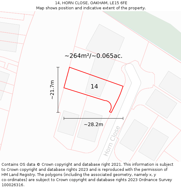 14, HORN CLOSE, OAKHAM, LE15 6FE: Plot and title map