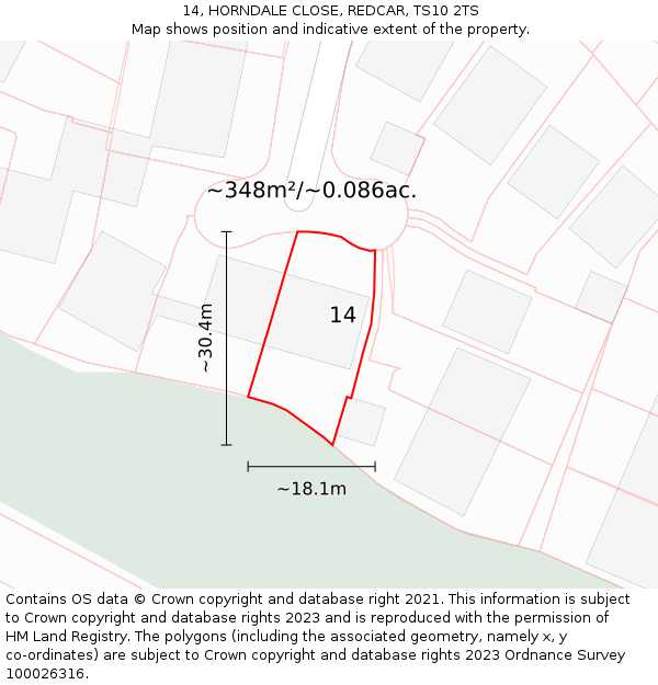 14, HORNDALE CLOSE, REDCAR, TS10 2TS: Plot and title map