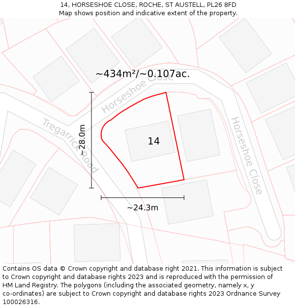 14, HORSESHOE CLOSE, ROCHE, ST AUSTELL, PL26 8FD: Plot and title map