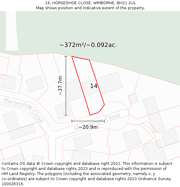 14, HORSESHOE CLOSE, WIMBORNE, BH21 2UL: Plot and title map